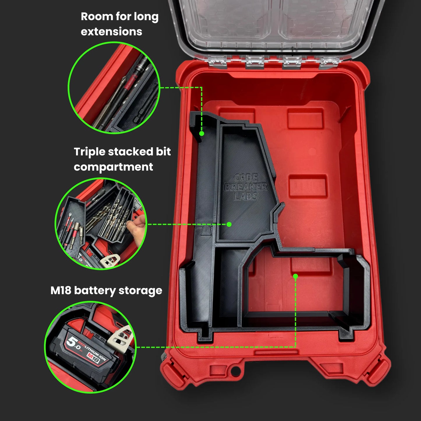 Milwaukee PACKOUT Compact Organiser with M18 drill insert holding M18 drill, batteries, and accessories neatly organized for on-the-go tradesmen.
