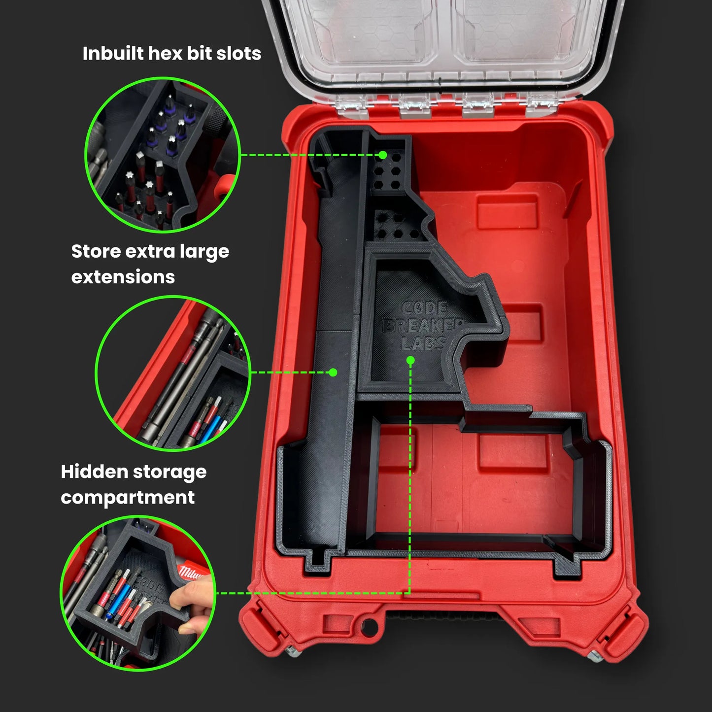Milwaukee PACKOUT Compact Organiser featuring custom insert securely holding M18 Impact Driver, batteries, and accessories.