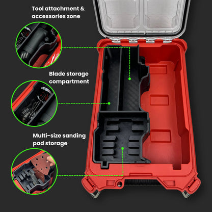 Milwaukee PACKOUT Compact Organiser showcasing a custom insert holding the M18 Multi Tool, sanding pads, blades, and accessories in a neat, secure layout.