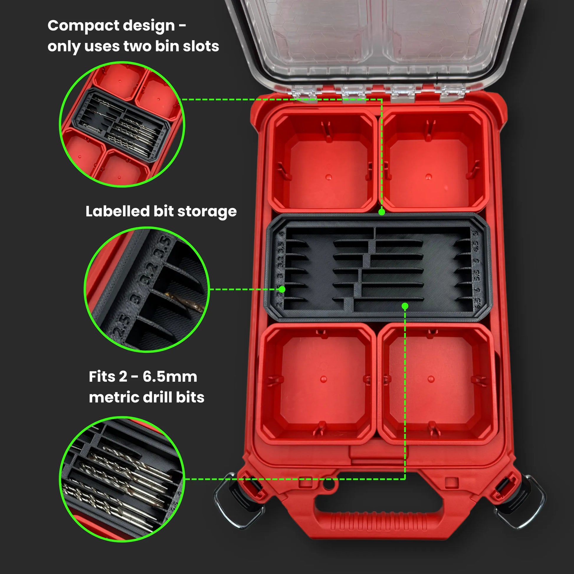 Close-up of Milwaukee PACKOUT Low-Profile Organiser with custom metric drill bit holder insert keeping bits neatly sorted and flush with the lid