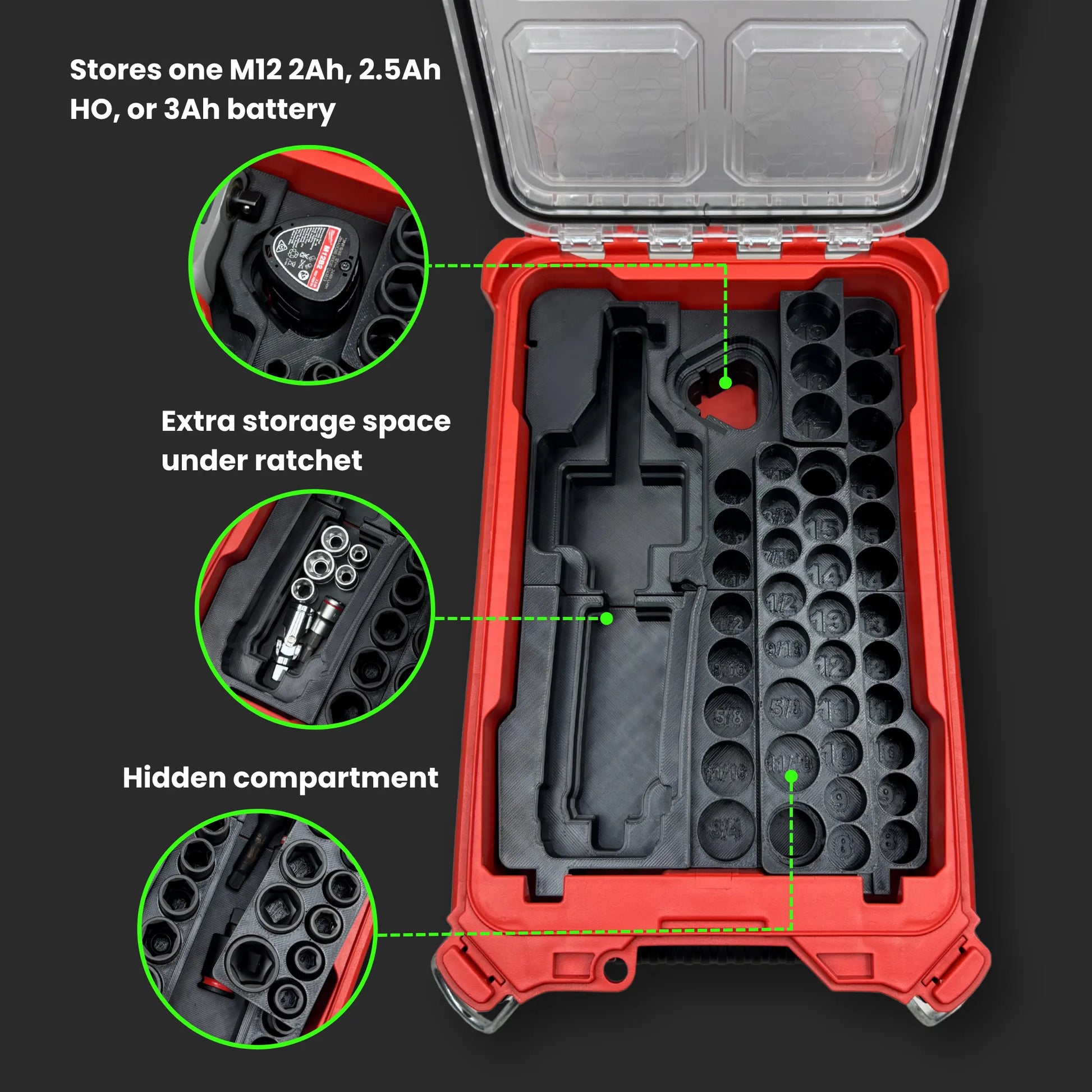 Milwaukee PACKOUT Compact Organiser with M12 ratchet and 3/8” socket set insert, securely holding ratchet, sockets, and accessories for easy transport and access.