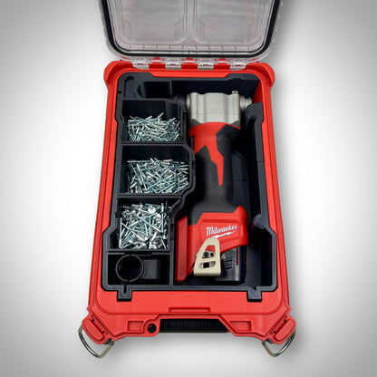 Milwaukee PACKOUT insert fully loaded with a ratchet, bolts, and small parts containers—demonstrating a complete, ready-to-use setup for efficient on-site organisation.