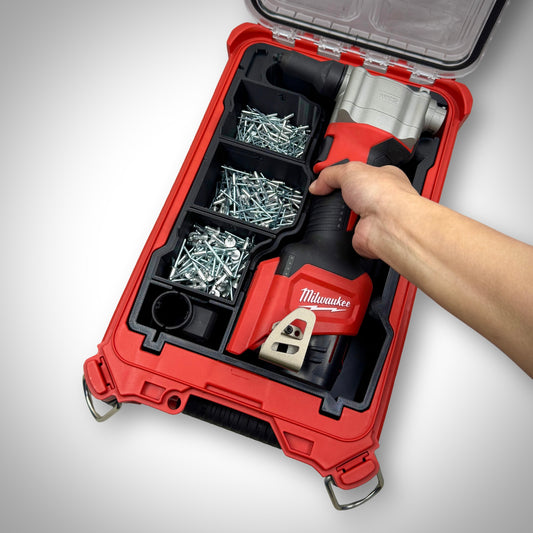 Milwaukee PACKOUT insert fully loaded with a ratchet, bolts, and small parts containers—demonstrating the tool's ease of access, complete, ready-to-use setup for efficient on-site organisation