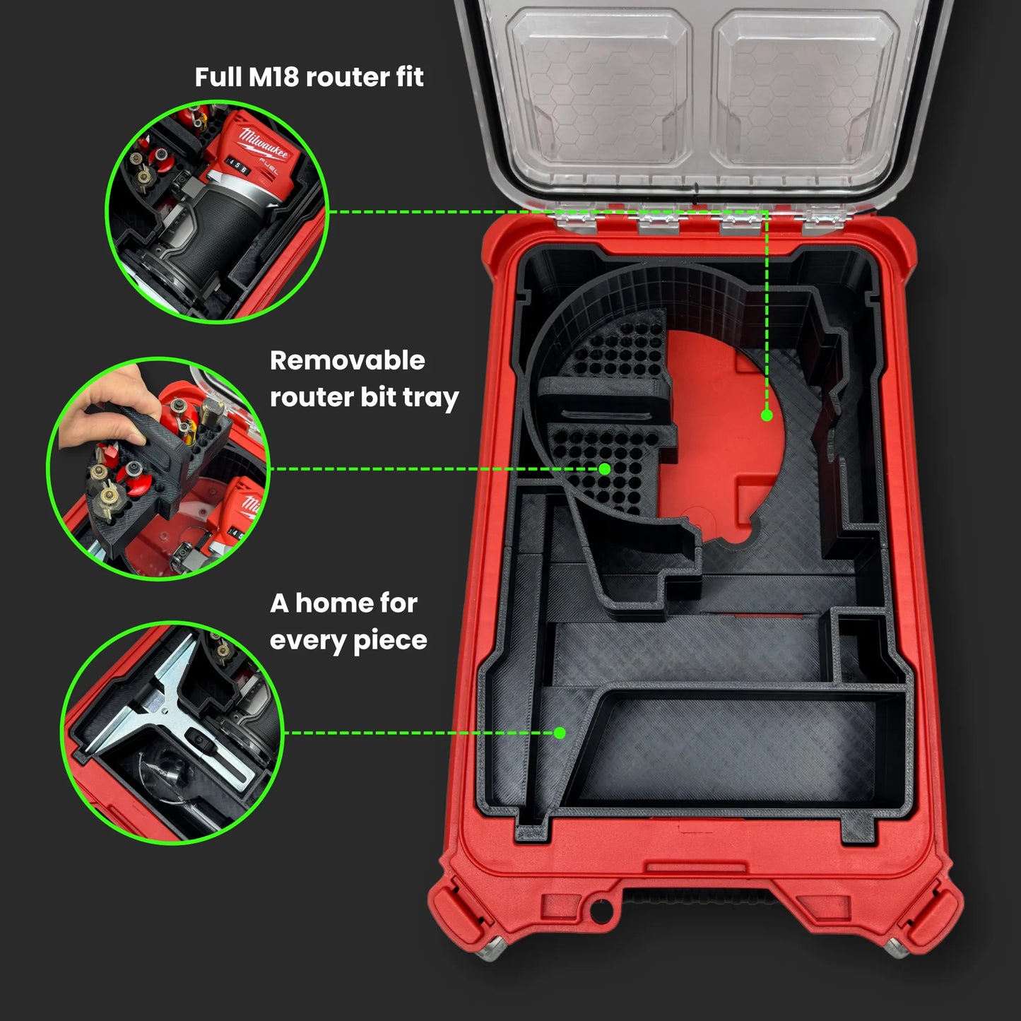 Milwaukee PACKOUT Compact Organiser showcasing a custom insert holding the M18 Router, edge guide, base plate, dust shroud, wrenches, and router bits in neatly arranged compartments.