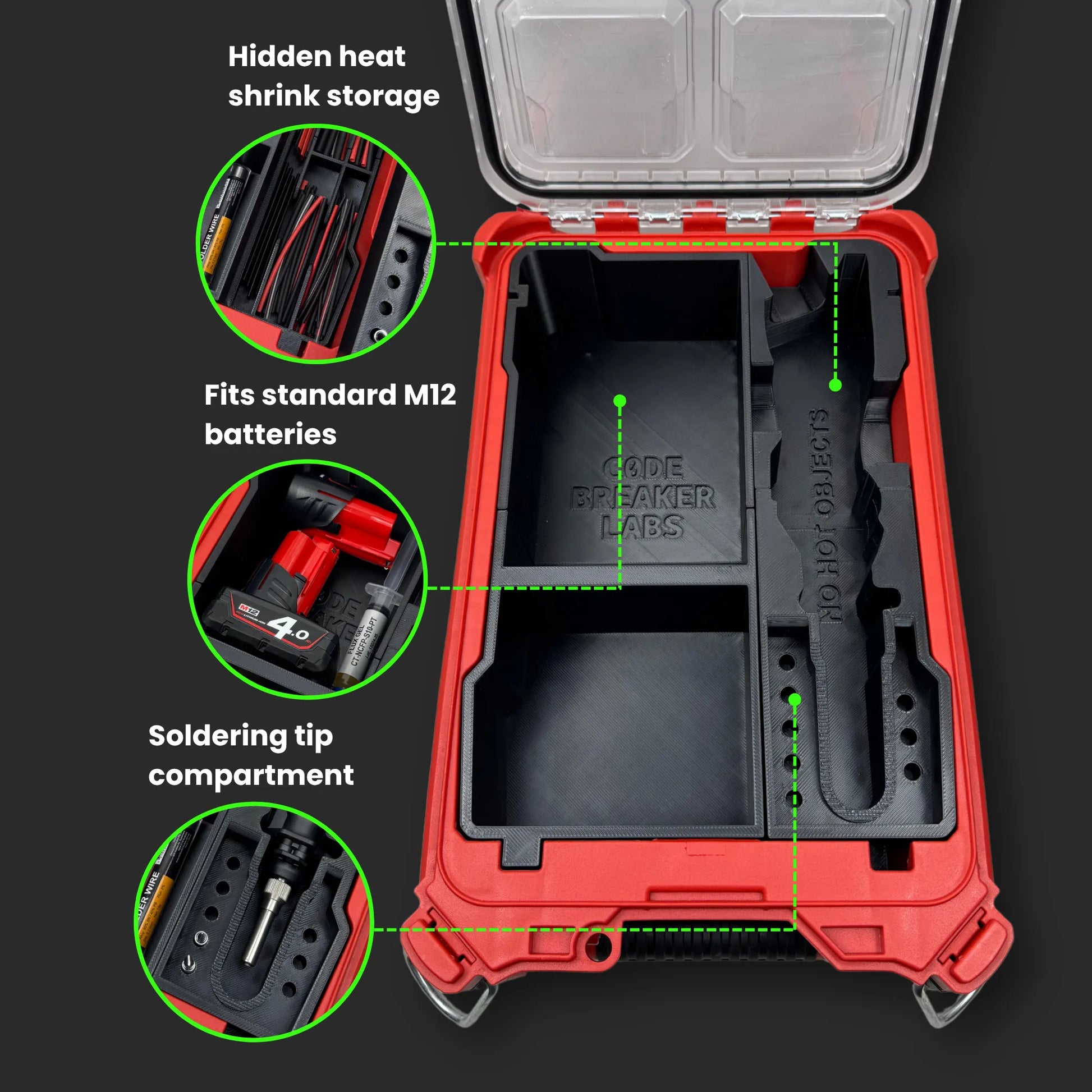 Milwaukee PACKOUT Compact Organiser with M12 soldering iron insert, neatly storing soldering iron, tips, heat shrink, and accessories for on-site electrical work.