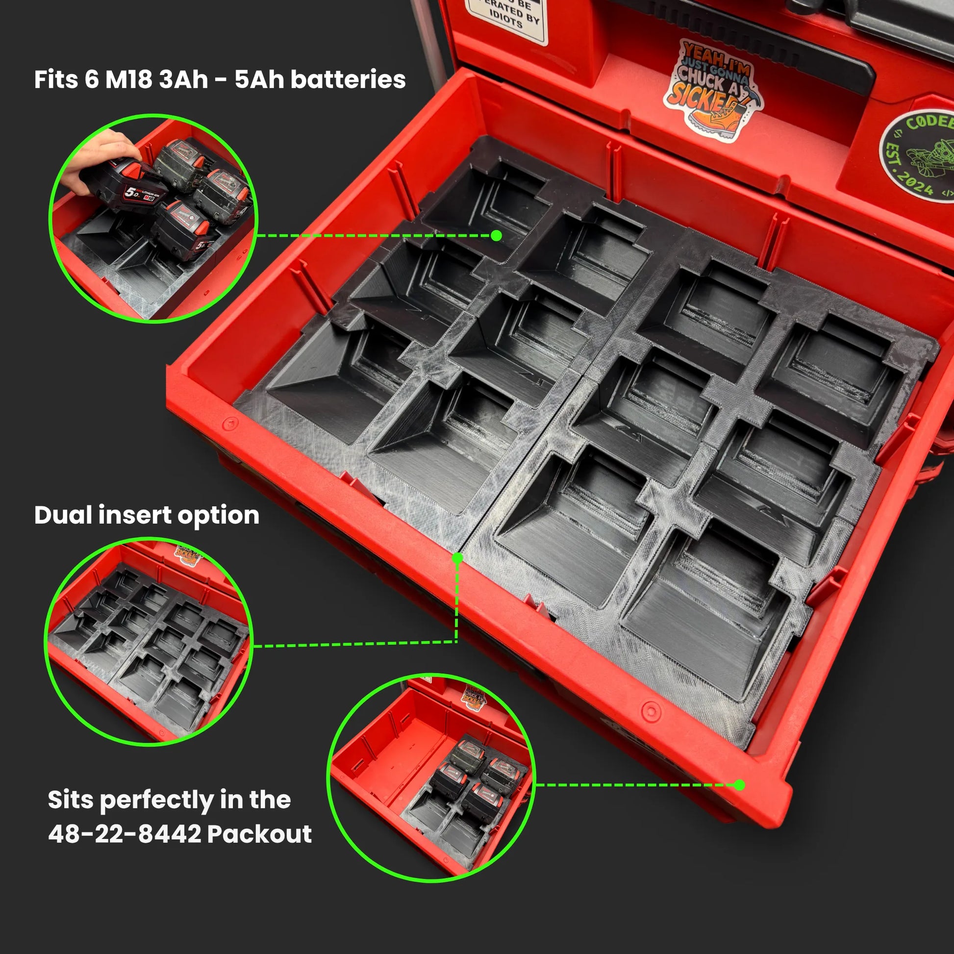 Milwaukee PACKOUT 18V battery storage insert neatly holding multiple batteries securely organized for easy access on the jobsite.