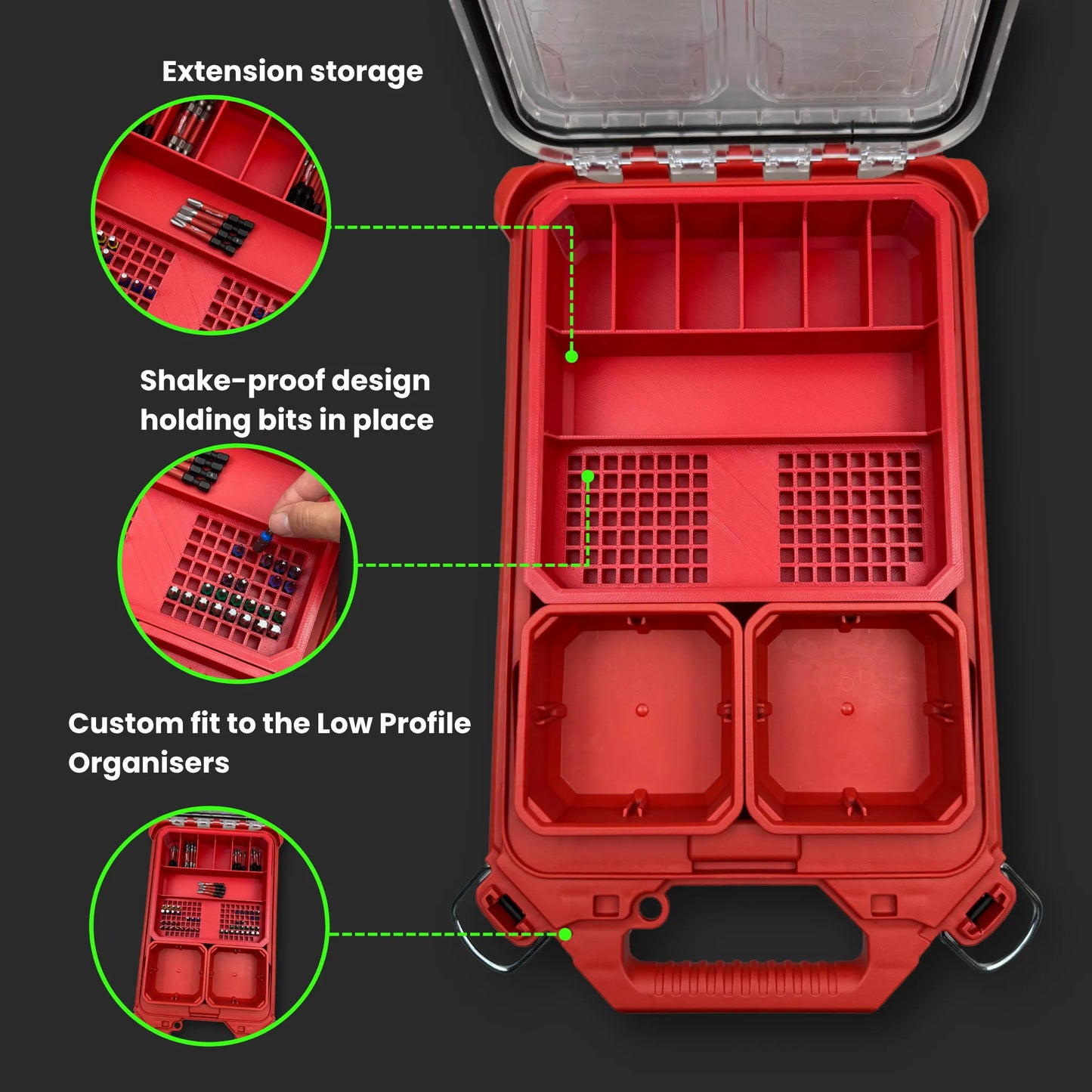 Showcase of inserts for a Milwaukee Packout container