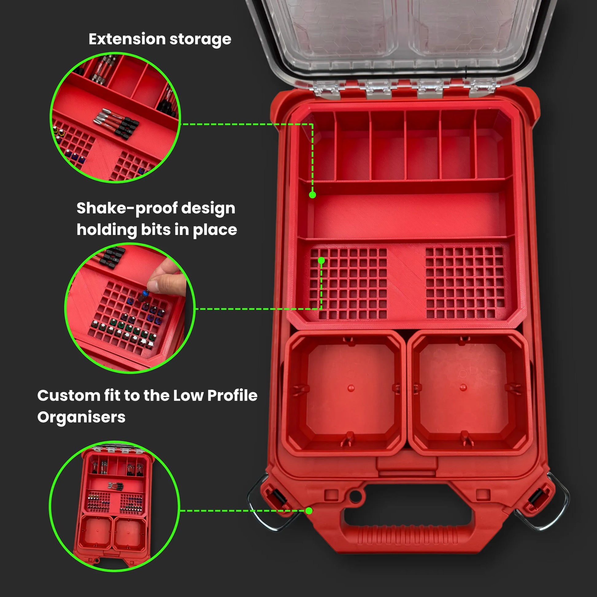 Showcase of inserts for a Milwaukee Packout container