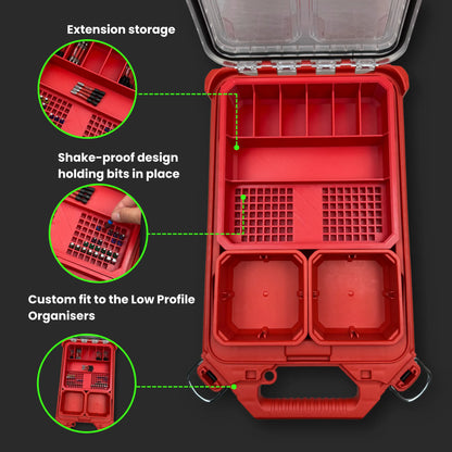 Showcase of inserts for a Milwaukee Packout container