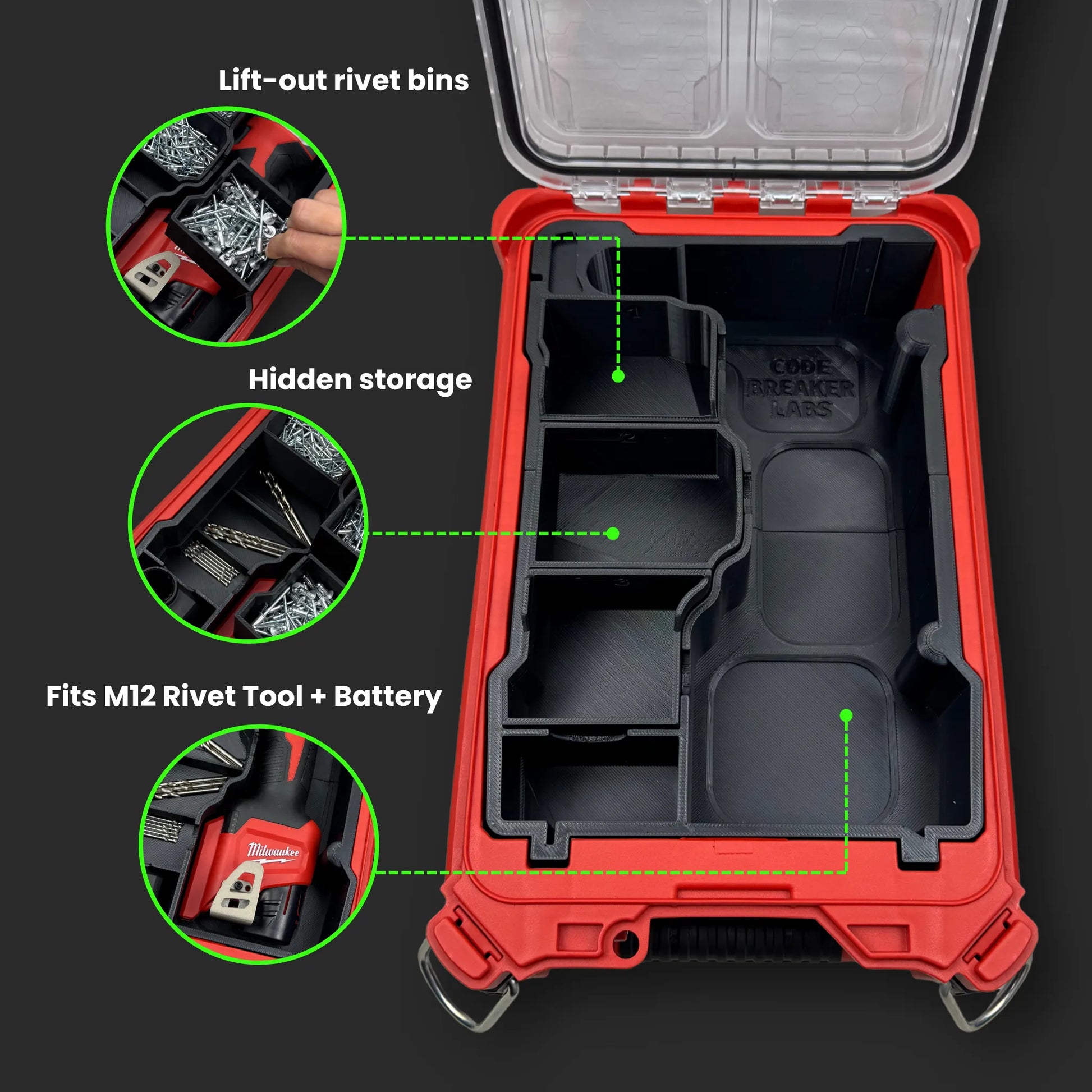 Milwaukee PACKOUT rivet container with organized compartments holding assorted rivets and small fasteners for easy access and secure storage.