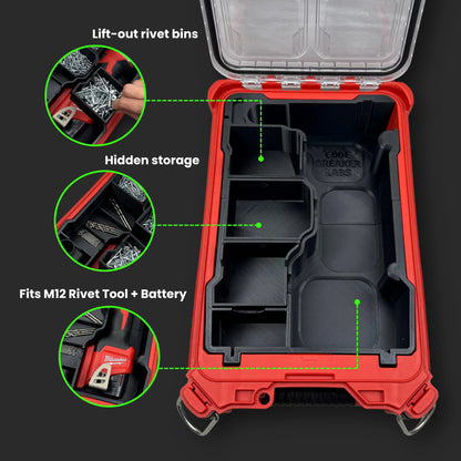 Milwaukee PACKOUT rivet container with organized compartments holding assorted rivets and small fasteners for easy access and secure storage.