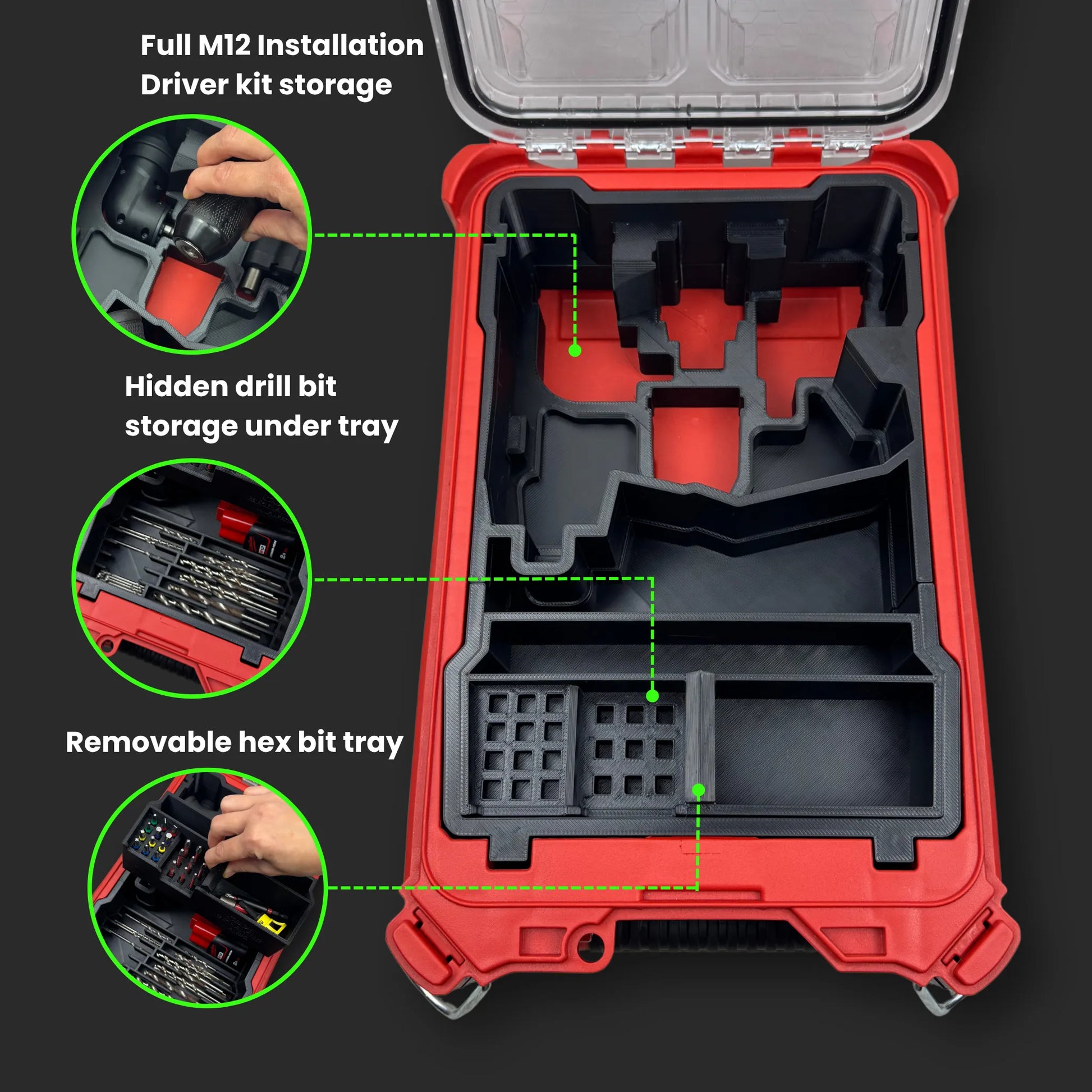 Showcase of a Custom Milwaukee PACKOUT insert for Installation Driver – fits in PACKOUT Compact Organiser. Secure storage for all drill bits, hex bits, accessories. Ideal for all.

