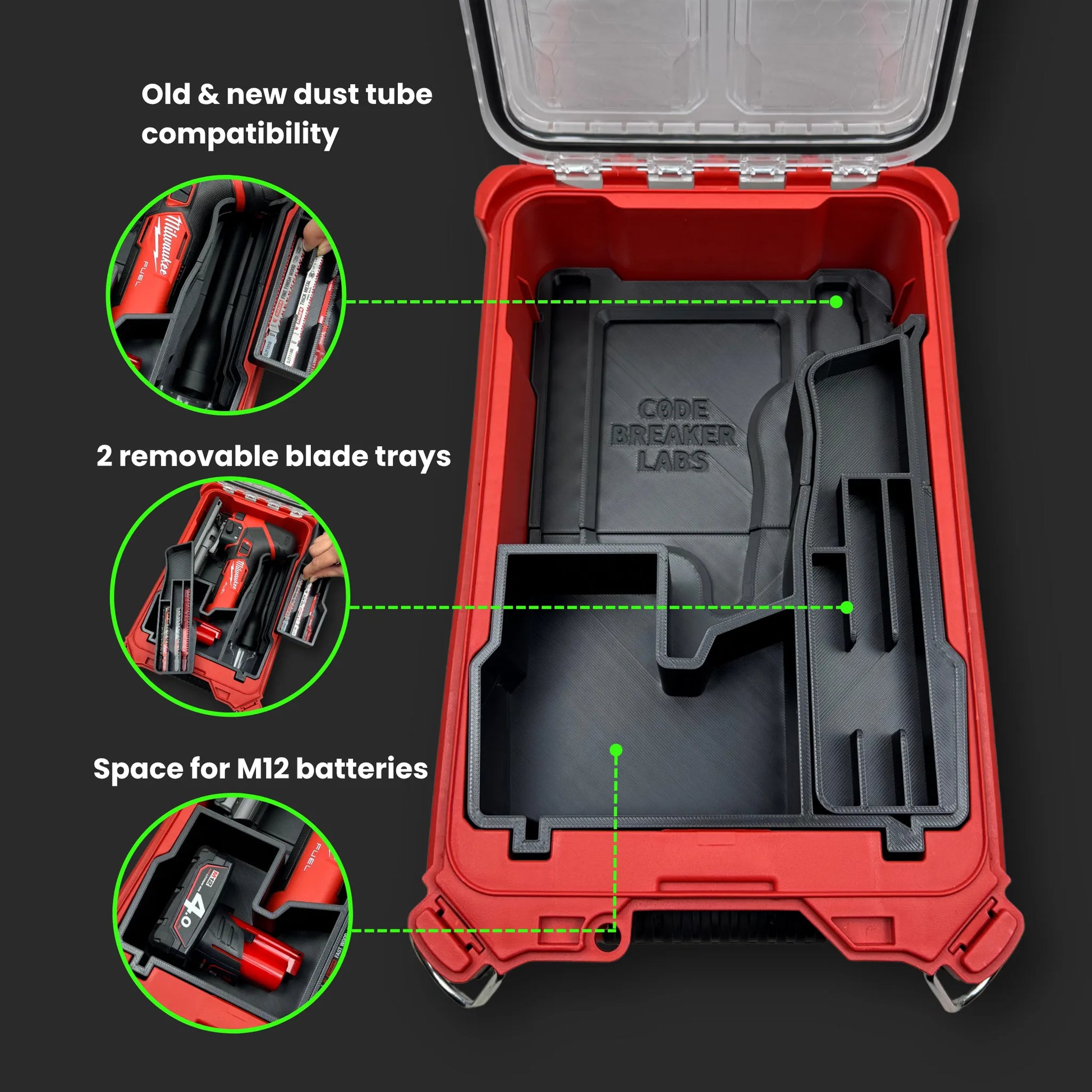 Showcase of a Custom Milwaukee PACKOUT insert for Jigsaw – fits in PACKOUT Compact Organiser. Secure storage for accessories and batteries. Ideal for carpenters, cabinet makers and flooring installers.