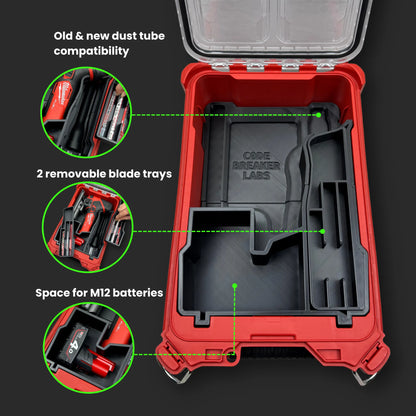 Showcase of a Custom Milwaukee PACKOUT insert for Jigsaw – fits in PACKOUT Compact Organiser. Secure storage for accessories and batteries. Ideal for carpenters, cabinet makers and flooring installers.